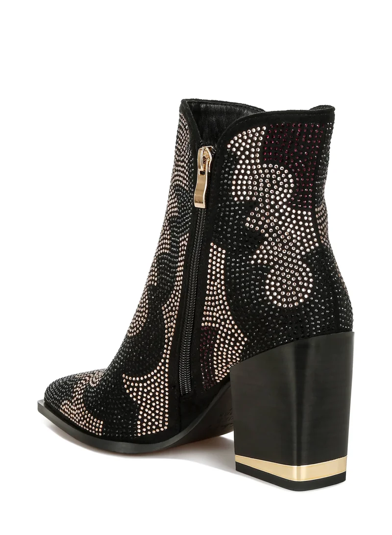 London Rag Rhinestones Embellished Block Heel Boots in Black