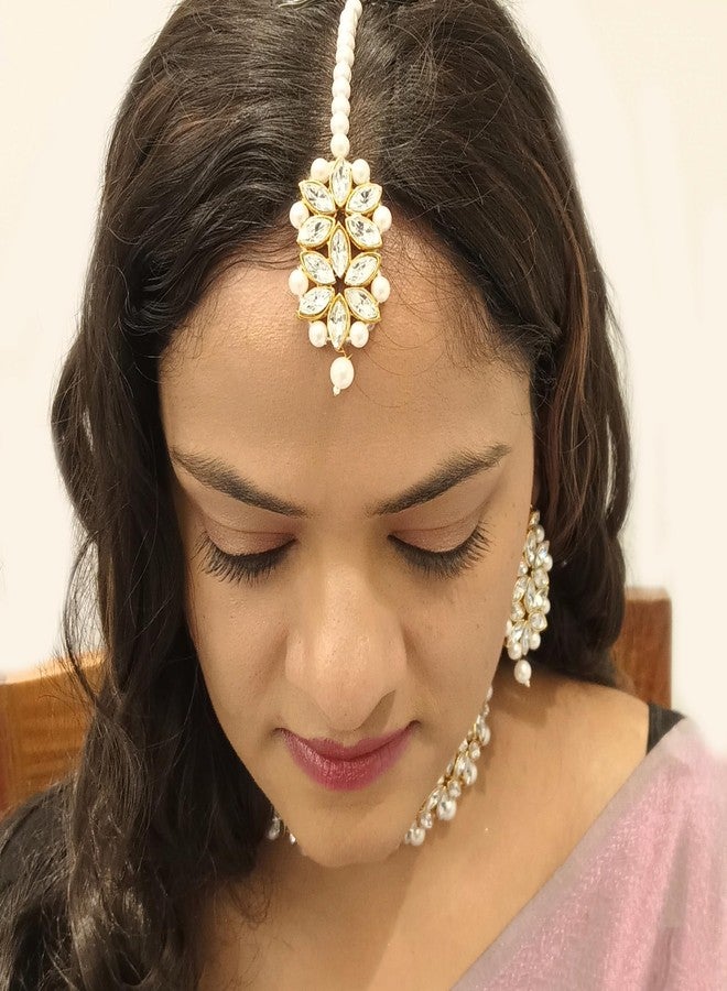 Efulgenz Indian Jewelry Crystal Choker Faux Pearl Floral Necklace Earrings Maang Tikka Bollywood Wedding Bridal Jewelry Set for Women, Copper, not known, - Image 4