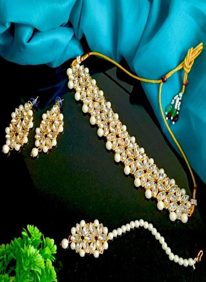 Efulgenz Indian Jewelry Crystal Choker Faux Pearl Floral Necklace Earrings Maang Tikka Bollywood Wedding Bridal Jewelry Set for Women, Copper, not known, - Image 2