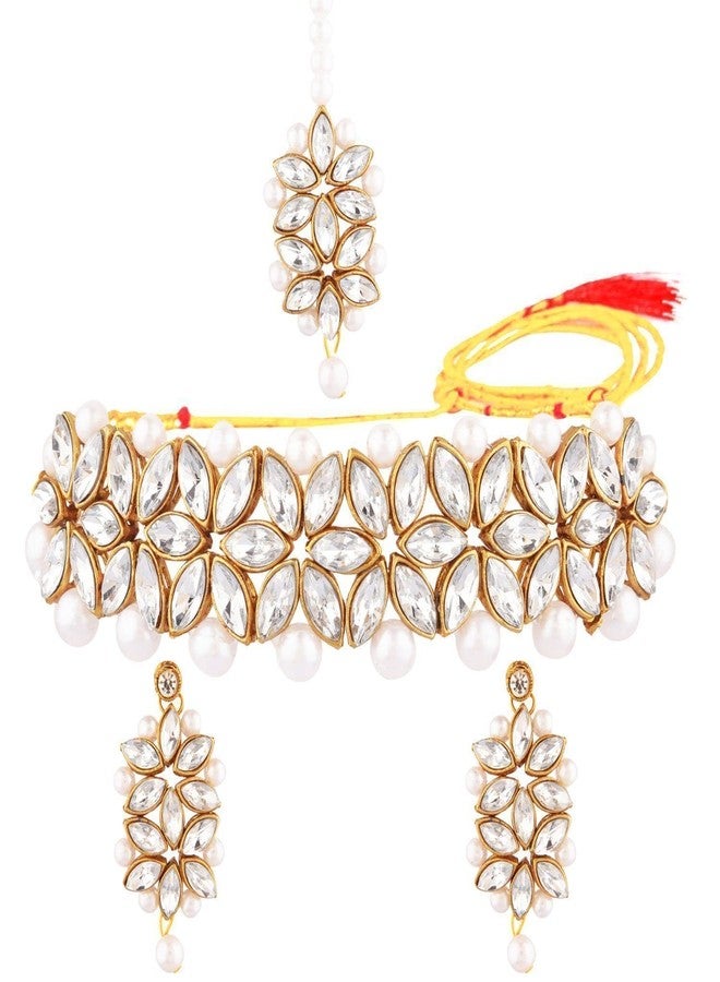 Efulgenz Indian Jewelry Crystal Choker Faux Pearl Floral Necklace Earrings Maang Tikka Bollywood Wedding Bridal Jewelry Set for Women, Copper, not known, - Image 1