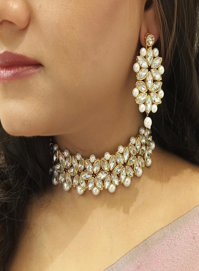 Efulgenz Indian Jewelry Crystal Choker Faux Pearl Floral Necklace Earrings Maang Tikka Bollywood Wedding Bridal Jewelry Set for Women, Copper, not known, - Image 3