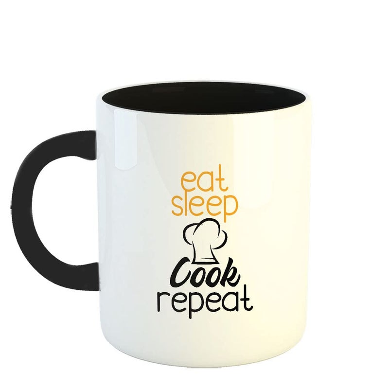 Happu Happu Printed Ceramic Coffee Mug Eat Sleep Cook Repeat Gift for Chefs Mother Cooks Gifts for Friends Relatives 325 ML11Oz 5006BK  - Image 1