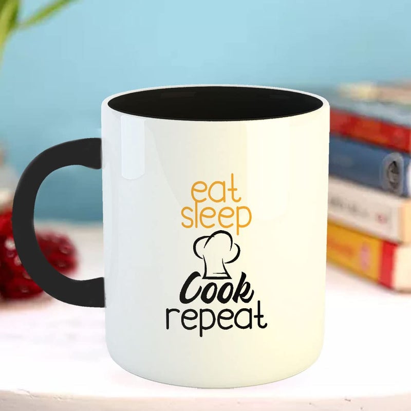 Happu Happu Printed Ceramic Coffee Mug Eat Sleep Cook Repeat Gift for Chefs Mother Cooks Gifts for Friends Relatives 325 ML11Oz 5006BK  - Image 3