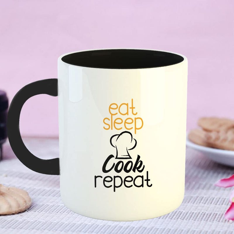 Happu Happu Printed Ceramic Coffee Mug Eat Sleep Cook Repeat Gift for Chefs Mother Cooks Gifts for Friends Relatives 325 ML11Oz 5006BK  - Image 4