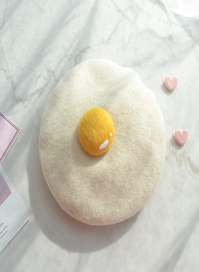 Idealplast Winter Beret Hat Cute Poached Egg Soft Wool Felt Beret Handmade Painter Creative Hat Cap for Women Kids Girls (Adult) White - Image 3