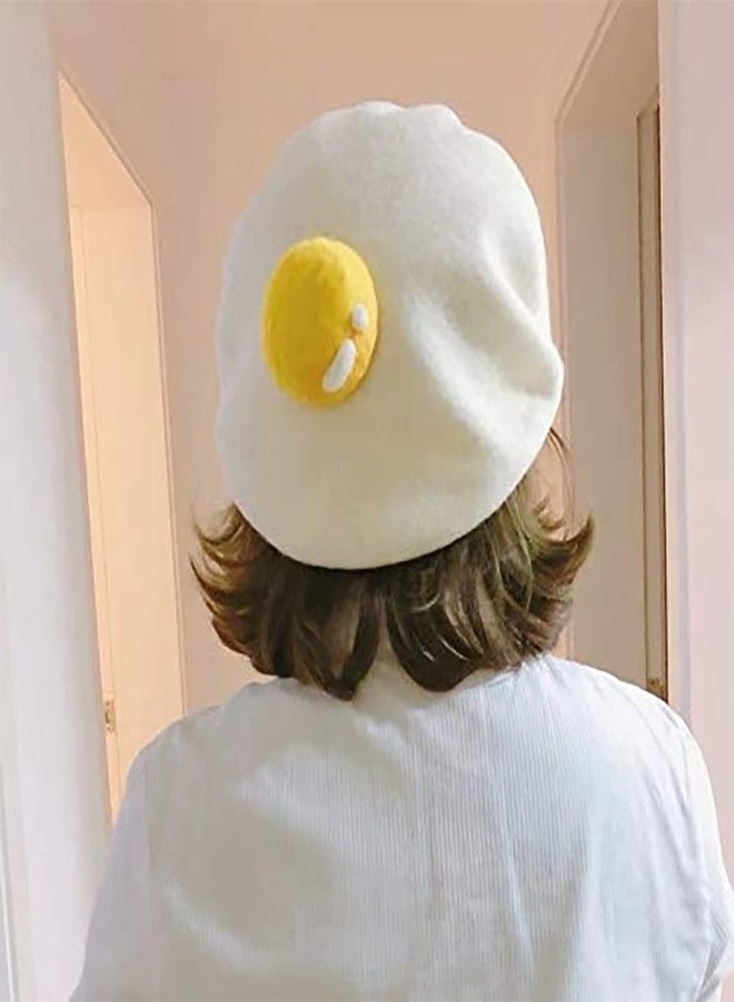 Idealplast Winter Beret Hat Cute Poached Egg Soft Wool Felt Beret Handmade Painter Creative Hat Cap for Women Kids Girls (Adult) White - Image 2