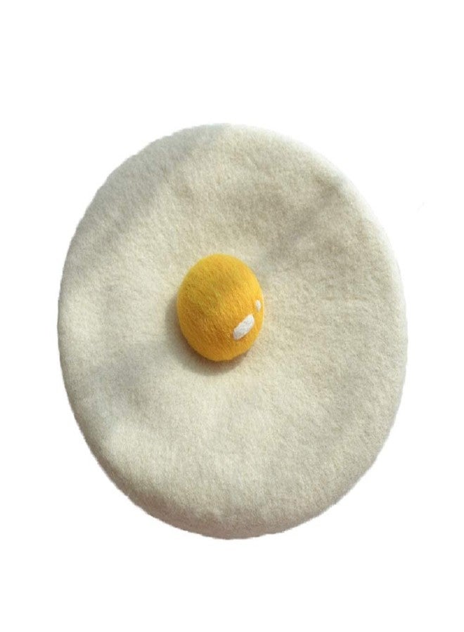 Idealplast Winter Beret Hat Cute Poached Egg Soft Wool Felt Beret Handmade Painter Creative Hat Cap for Women Kids Girls (Adult) White - Image 1