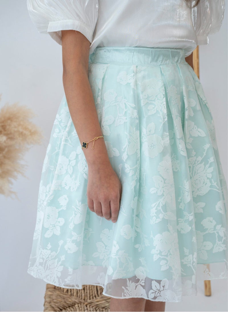 LALEENA Elegant Mint Floral Skirt and White Blouse Set for Girls - Image 2