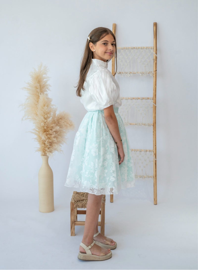 LALEENA Elegant Mint Floral Skirt and White Blouse Set for Girls - Image 3