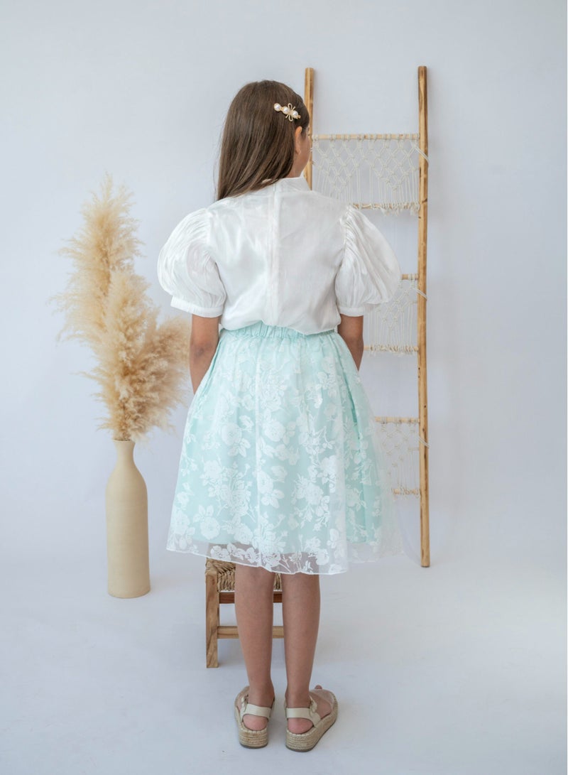 LALEENA Elegant Mint Floral Skirt and White Blouse Set for Girls - Image 4