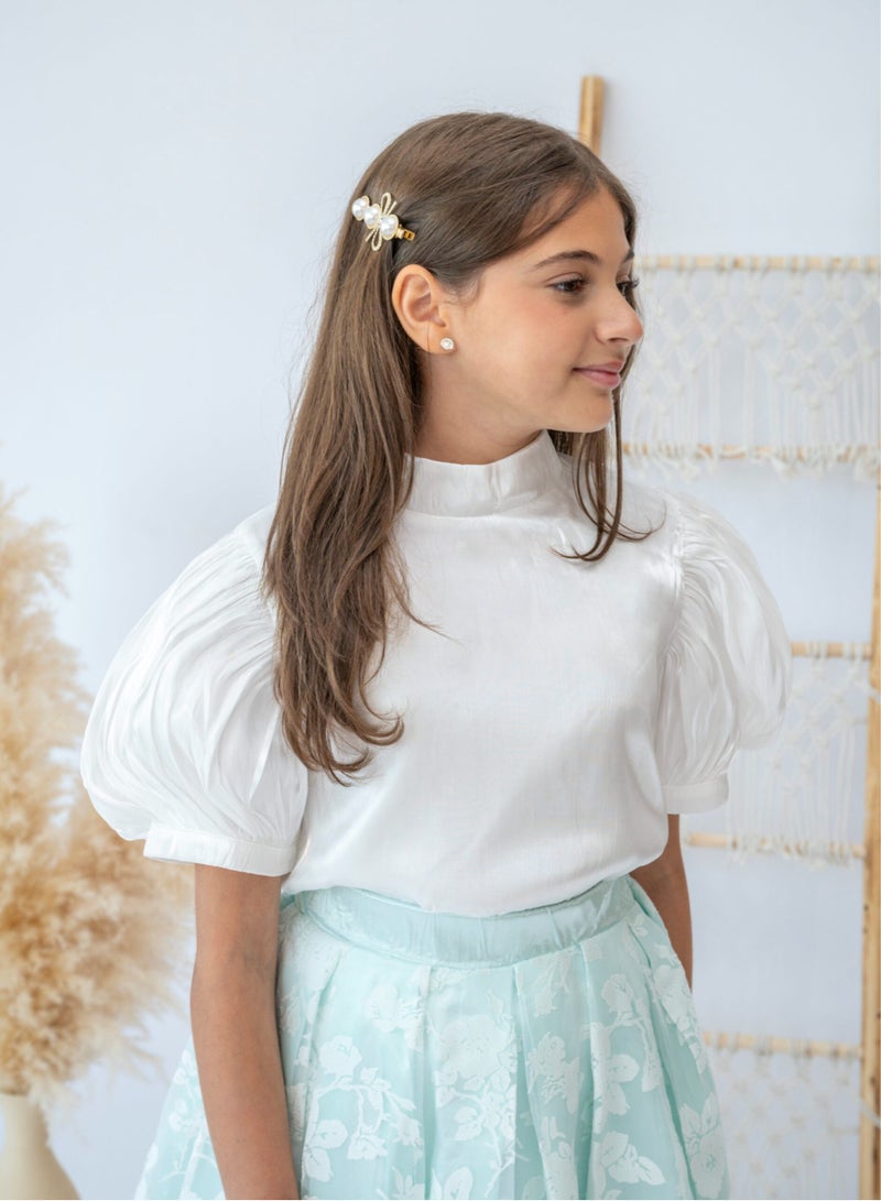 LALEENA Elegant Mint Floral Skirt and White Blouse Set for Girls - Image 5