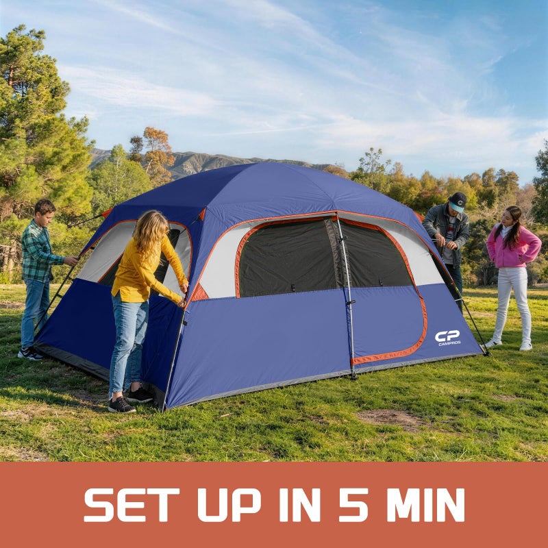 CAMPROS CP Tent-6-Person-Camping-Tents, Waterproof Windproof Family Tent with Top Rainfly, 4 Large Mesh Windows, Double Layer, Easy Set Up, Portable with Carry Bag (Navy Blue) - Image 4