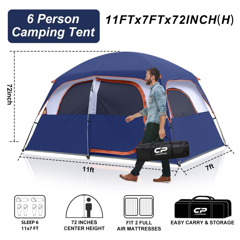 CAMPROS CP Tent-6-Person-Camping-Tents, Waterproof Windproof Family Tent with Top Rainfly, 4 Large Mesh Windows, Double Layer, Easy Set Up, Portable with Carry Bag (Navy Blue) - Image 2