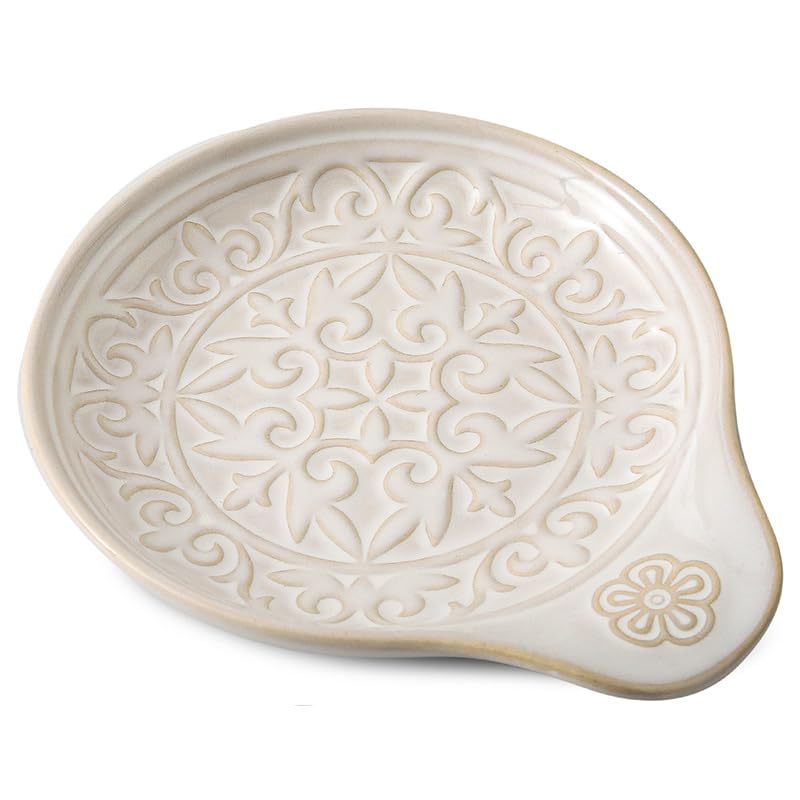 Howise Farmhouse Ceramic Spoon Rests Holder for Kitchen Counter Stove Top (White-A4) - Image 1