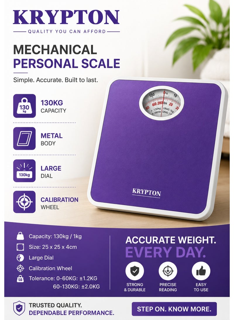 Krypton Mechanical Personal Weighing Scale 130kg Capacity with Large Analog Dial - Purple (KNBS5114N) - Image 4