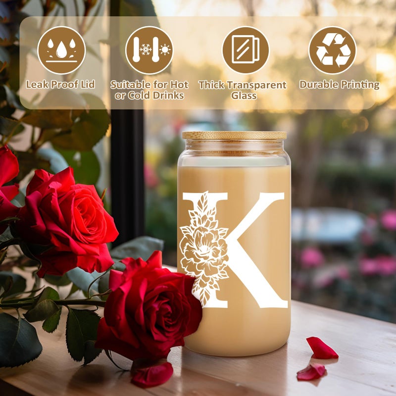 Coolife Initial Glass Cup, Monogrammed Gifts for Women, 16 oz Glass Cups w/Lids Straws, Iced Coffee Smoothie Beer Tumbler w/Straw Lid - Personalized Christmas, Birthday Gifts for Her Mom Friend Woman - Image 2