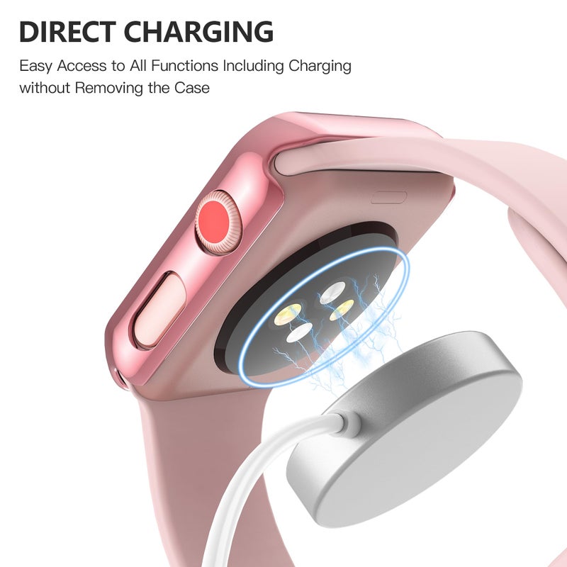 Misxi 2 Pack Hard PC Case with Tempered Glass Screen Protector Compatible with Apple Watch Series 2 Series 3 38mm, Anti-Drop Scratch Resistant Lightweight Cover for iWatch, 1 Rose Pink + 1 Transparent - Image 4