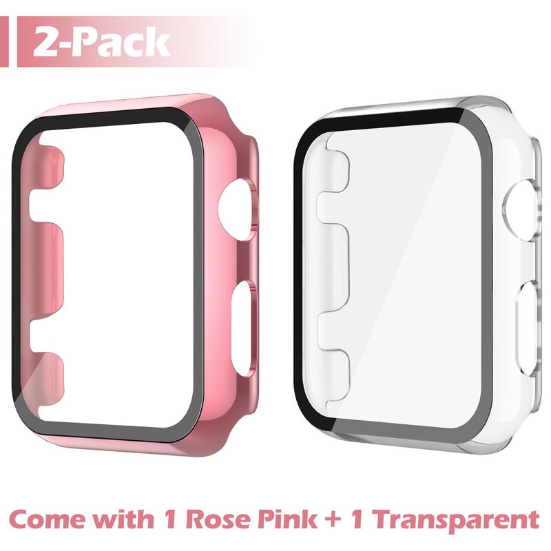 Misxi 2 Pack Hard PC Case with Tempered Glass Screen Protector Compatible with Apple Watch Series 2 Series 3 38mm, Anti-Drop Scratch Resistant Lightweight Cover for iWatch, 1 Rose Pink + 1 Transparent - Image 2