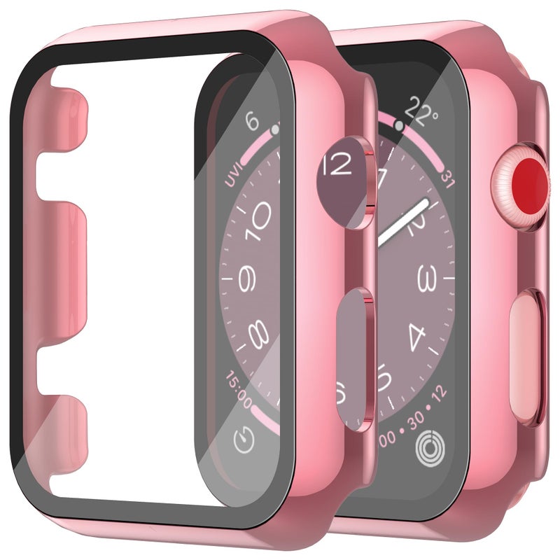 Misxi 2 Pack Hard PC Case with Tempered Glass Screen Protector Compatible with Apple Watch Series 2 Series 3 38mm, Anti-Drop Scratch Resistant Lightweight Cover for iWatch, 1 Rose Pink + 1 Transparent - Image 1