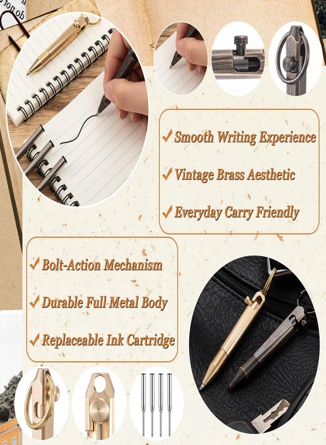 Fuyoooo 2 Pcs Mini Brass Bolt Action Pen with Keychain, Edc Pens Black Ink, 76 mm Pocket Writing Tool with Keychain on Top for Office Working Traveling Writing Gifts with 4 Replacement Refills - Image 4
