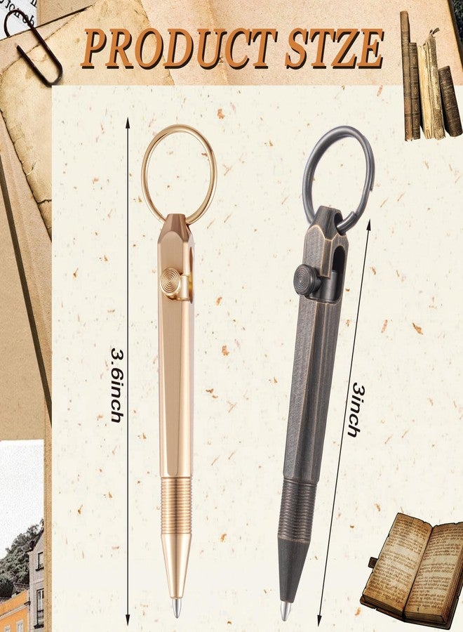 Fuyoooo 2 Pcs Mini Brass Bolt Action Pen with Keychain, Edc Pens Black Ink, 76 mm Pocket Writing Tool with Keychain on Top for Office Working Traveling Writing Gifts with 4 Replacement Refills - Image 2