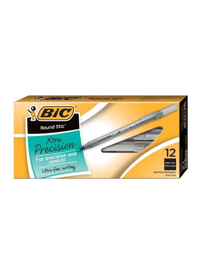 Bic أقلام حبر جاف® Round Stic® بنقطة رفيعة 0.8 مم أسطوانة شفافة حبر أسود عبوة من 12 - Image 1