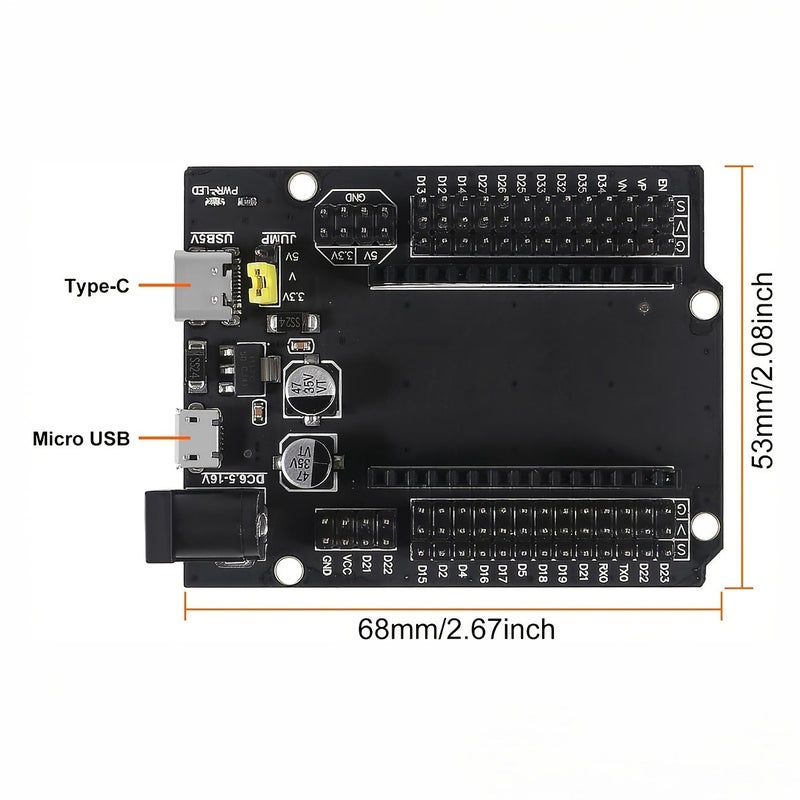 1x لوحة تطوير ESP32 مع منفذ GPIO بطول 30 سنًا وواجهات USB من النوع C وMicro USB المزدوجة، طاقة فائقة الانخفاض، ثنائي النواة ESP32 Devkitc 32، ESP WROOM 32، لوحة توسعة ESP 32 - Image 3