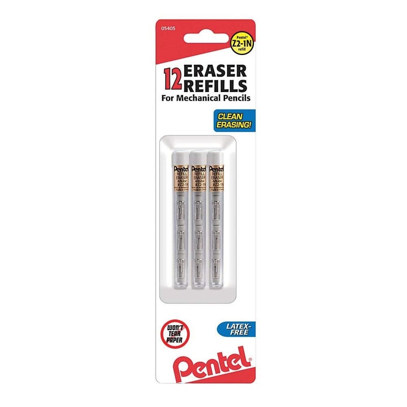 Pentel Refill Eraser for Mechanical Pencils, 3 Tubes Per Pack, 4 Erasers Per Tube - Image 1