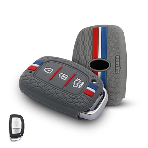 Keyzone® Striped Silicone Key Cover Compatible for i10 Grand, i20 Elite, i20 Active, Xcent, Verna 4s, Tucson, Elantra, Grand i10 Nios (3 Button Smart Key, Grey) - Image 1