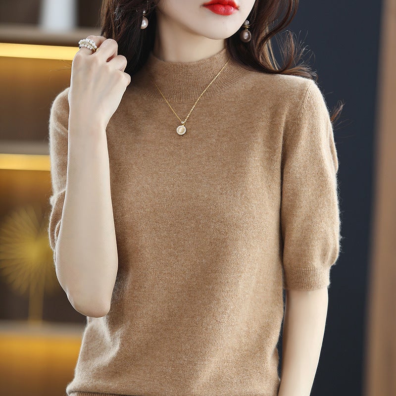 Spring and summer loose all-match wool knitted short-sleeved women's large size round neck solid color bottoming shirt knitted T-shirt thin section Gold camel M - Image 1