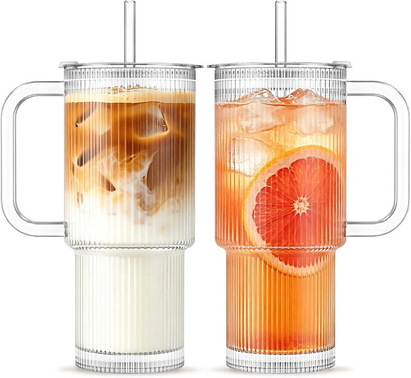 INSETLAN 26oz Ribbed Glass Tumbler with Handle & Lid – 2-Pack Large Iced Coffee Cups with Straws, Modern Glass Mug for Cold & Hot Beverages, Aesthetic Travel Cup for Smoothies, Tea, and Juice - Image 1