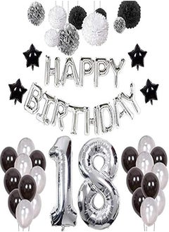 Adult Party Decoration 18th Birthday Decorations, Happy 18 Birthday Banner Number 18 Foil Ballon Party Decor Set Black White Silver with Tissue Paper Balls for Women and Men