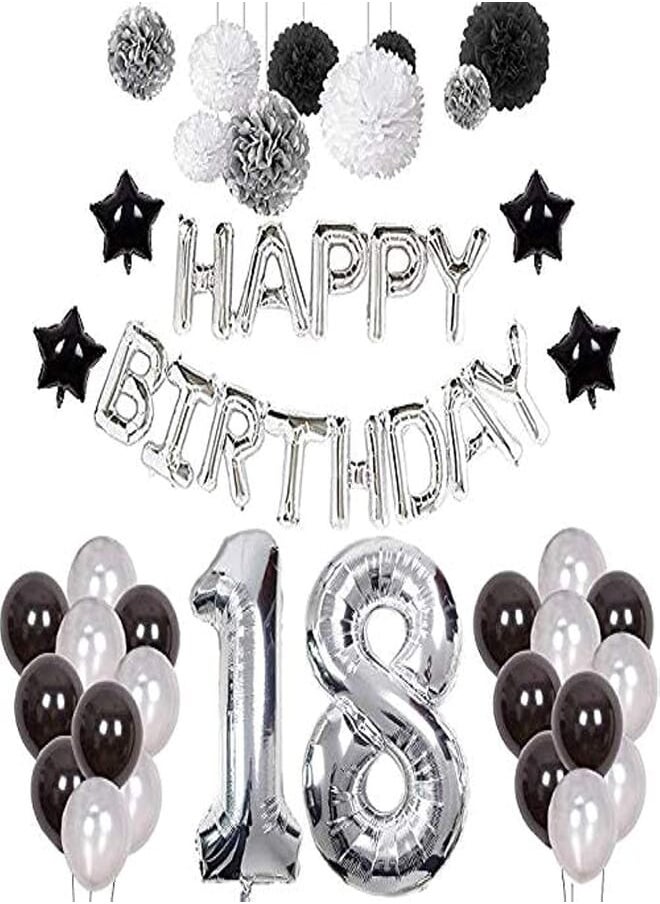 Generic - Adult Party Decoration 18th Birthday Decorations, Happy 18 Birthday Banner Number 18 Foil Ballon Party Decor Set Black White Silver with Tissue Paper Balls for Women and Men - Image 1