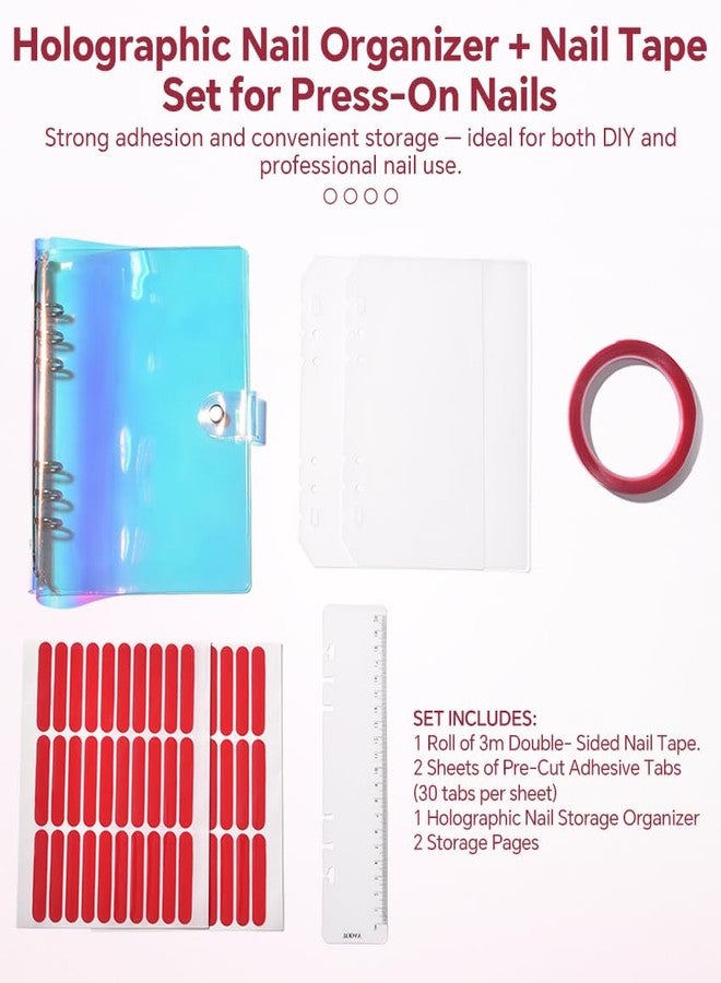 KADS Holographic Press-On Nails Organizer Book - 2 Double-Sided Storage Pages with Adhesive Backing, Includes 60 Pre-Cut & 1 Roll 300cm Double-Sided Tape for Nail Artists & DIY Enthusiasts - Image 3