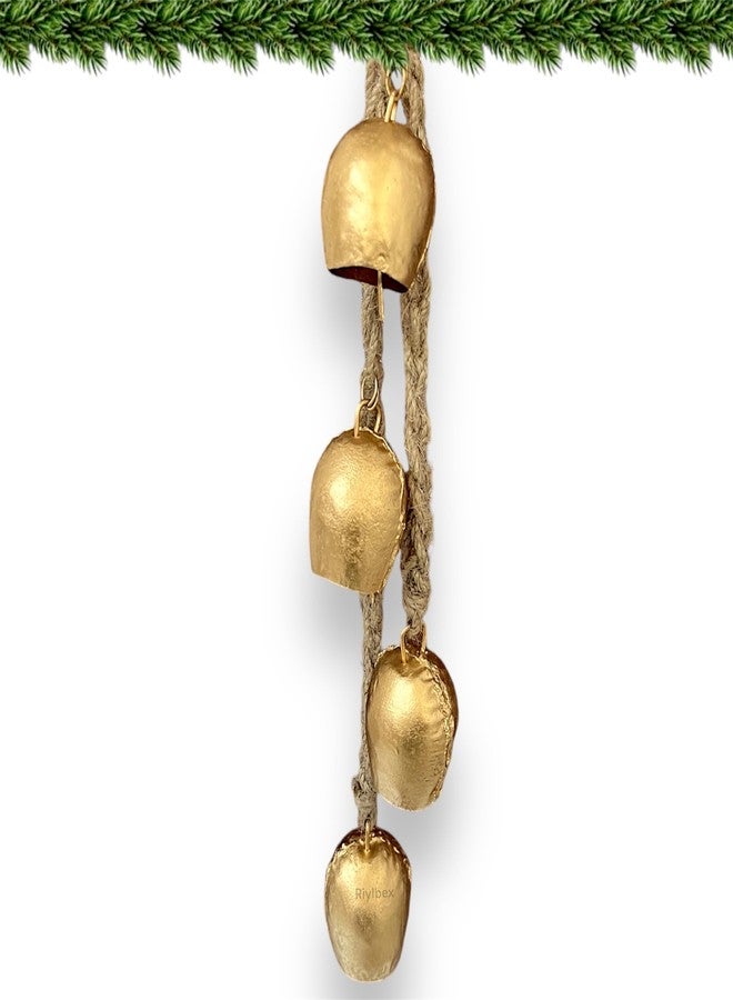 RIYLBEX Christmas Gold Metal Bells with Jute Hanging Rope Set of 4 Vintage Decorative Bell Chime Wall Hanging Brass Finish Home Decor Bells for Christmas, Easter & Winter Holiday - Image 1