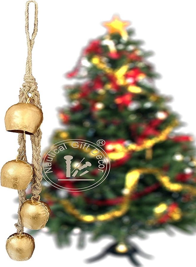 RIYLBEX Christmas Gold Metal Bells with Jute Hanging Rope Set of 4 Vintage Decorative Bell Chime Wall Hanging Brass Finish Home Decor Bells for Christmas, Easter & Winter Holiday - Image 2