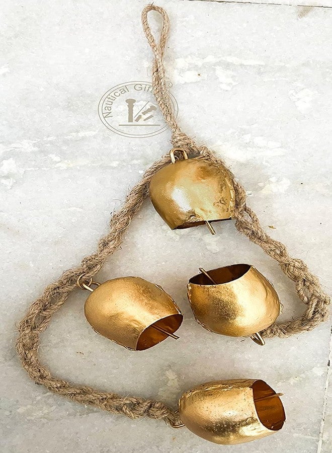 RIYLBEX Christmas Gold Metal Bells with Jute Hanging Rope Set of 4 Vintage Decorative Bell Chime Wall Hanging Brass Finish Home Decor Bells for Christmas, Easter & Winter Holiday - Image 4