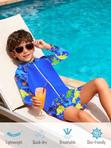SunFocus Boys' Swimsuit Trunk Kids Long Sleeve 2 Pieces Full Zip Bathing Suit Little Boy Rashguard Set Beach Swimwear Swimming Suit Blue Dinosaur, 5T 6T - Image 5