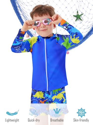 SunFocus Boys' Swimsuit Trunk Kids Long Sleeve 2 Pieces Full Zip Bathing Suit Little Boy Rashguard Set Beach Swimwear Swimming Suit Blue Dinosaur, 5T 6T - Image 3
