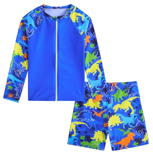 SunFocus Boys' Swimsuit Trunk Kids Long Sleeve 2 Pieces Full Zip Bathing Suit Little Boy Rashguard Set Beach Swimwear Swimming Suit Blue Dinosaur, 5T 6T - Image 2