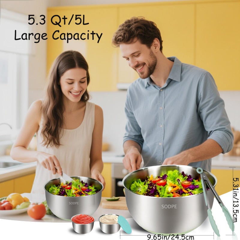 SODPE Stainless Steel Salad Spinner Large with 5 Blades Slicer, Lettuce Washer Spinner and Dryer, Vegetable Fruits Chopper Bowl, Egg Yolk Strainer Comes with Dipping Saucers and Clip, 5.3Qt - Image 3