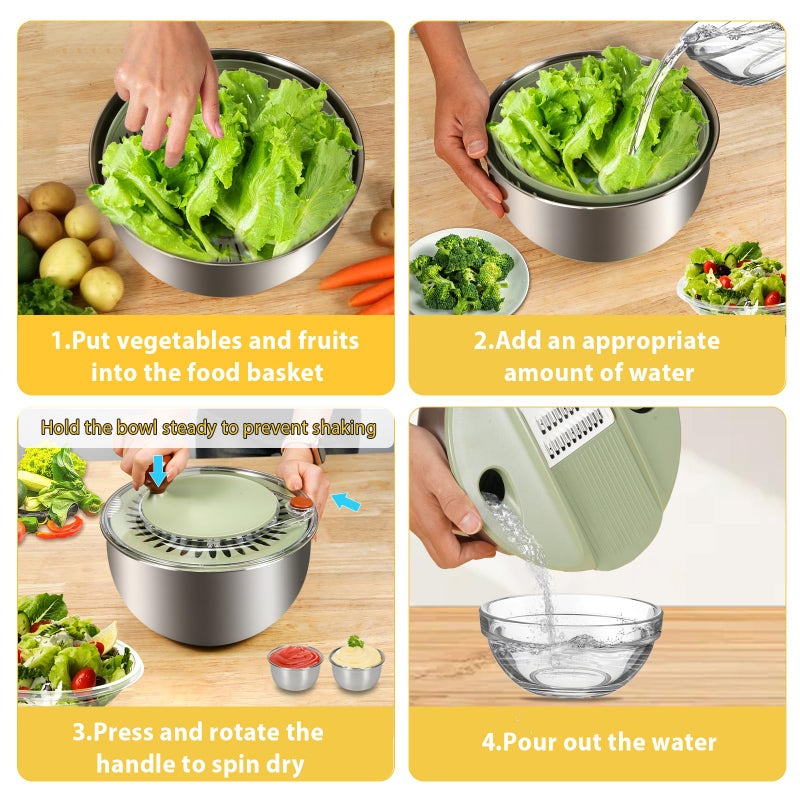 SODPE Stainless Steel Salad Spinner Large with 5 Blades Slicer, Lettuce Washer Spinner and Dryer, Vegetable Fruits Chopper Bowl, Egg Yolk Strainer Comes with Dipping Saucers and Clip, 5.3Qt - Image 5