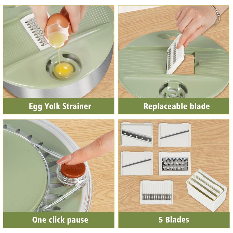 SODPE Stainless Steel Salad Spinner Large with 5 Blades Slicer, Lettuce Washer Spinner and Dryer, Vegetable Fruits Chopper Bowl, Egg Yolk Strainer Comes with Dipping Saucers and Clip, 5.3Qt - Image 2