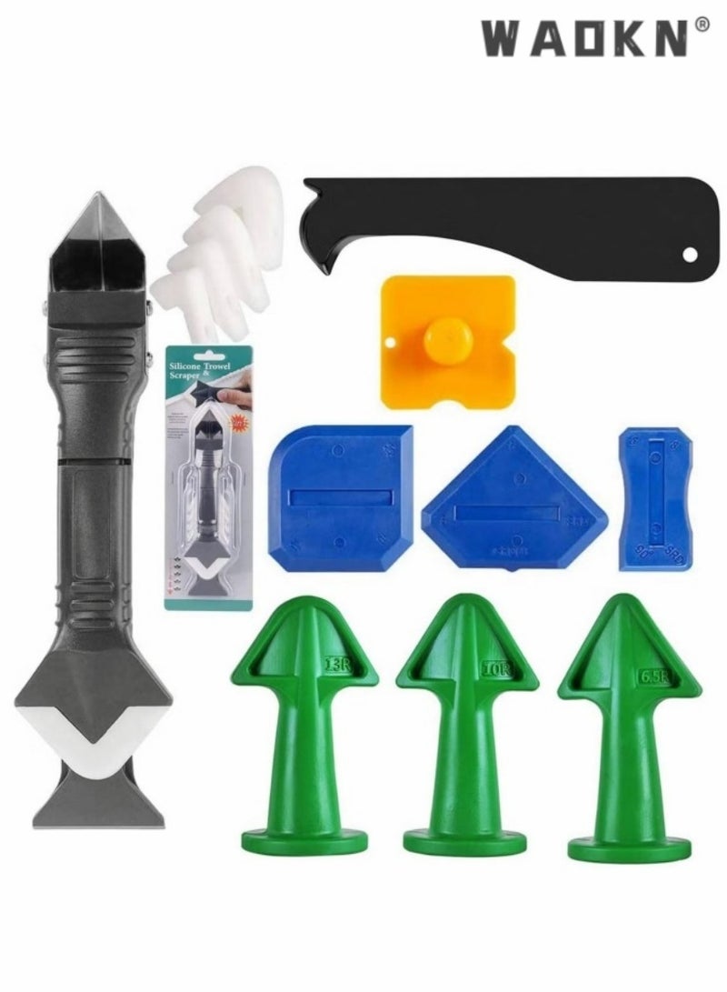 WAOKN 15 Piece Set of Caulking Remover Tool Kit Filling Tools Vacuum Silicone Nozzle Application, 3-in-1 Silicone Caulk and Plastic Scraper for Kitchen, Bathroom, Window and Sink Joint Green - Image 1