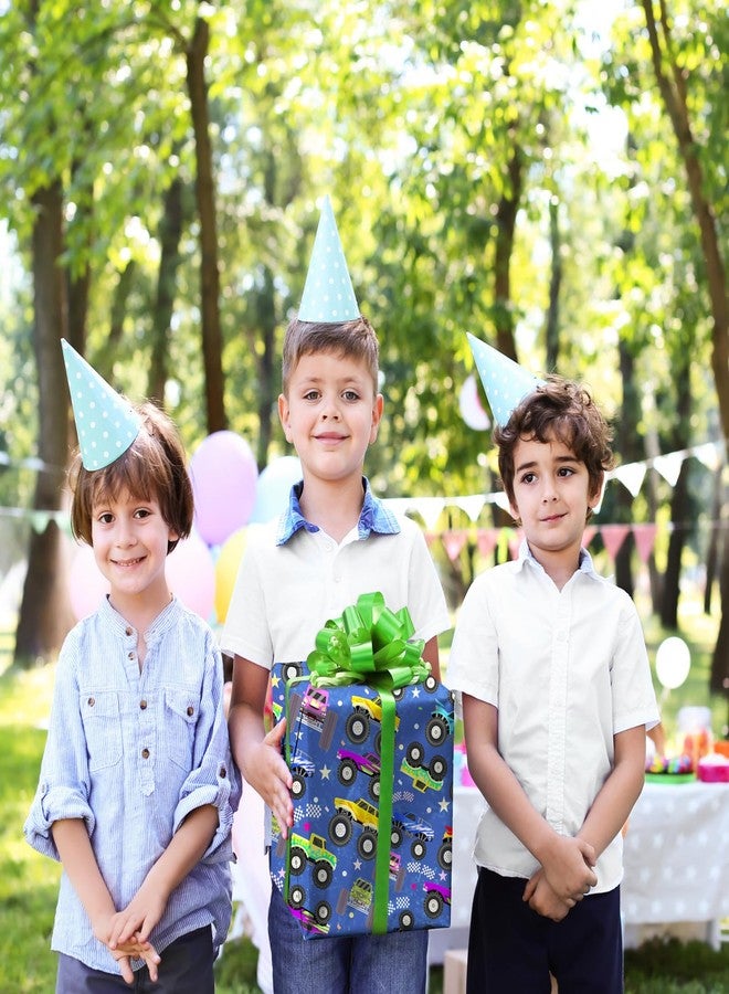 ورق تغليف هدايا شاحنات الوحش من كويتبان - شاحنات وحش ملونة بتصميمات نجوم ونقاط وأنماط مرحة - مثالي لتغليف هدايا الأطفال ومحبي السيارات - 40×28 بوصة، 4 أوراق مطوية - Image 2