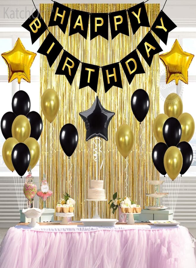 Rayking Black,Gold Balloons and Paper Pom Poms Party Supplies for Birthday Decoration With Pale Champagne Metallic Foil Fringe Tinsel Curtain Happy Birthday Party