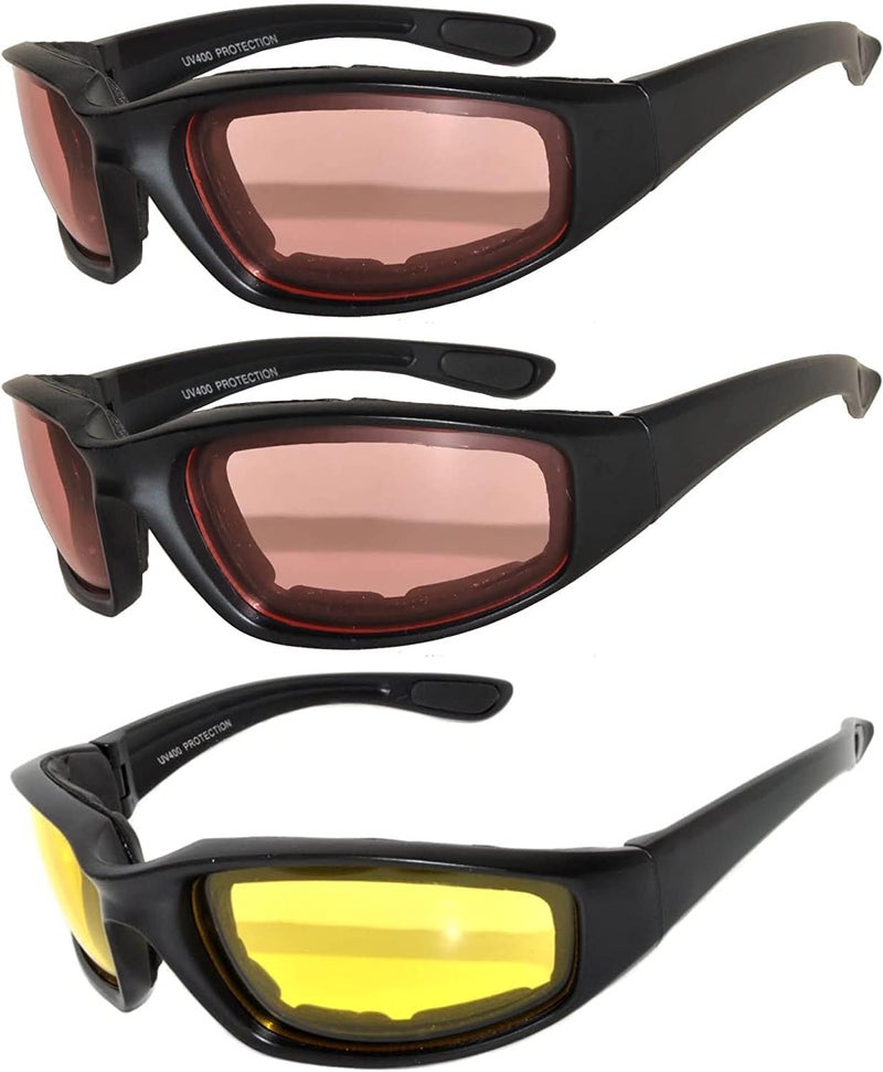 OWL 3 Pack Motorcycle Riding Glasses, Padded Sport Sunglasses, Assorted Colors for Men and Women - Image 1