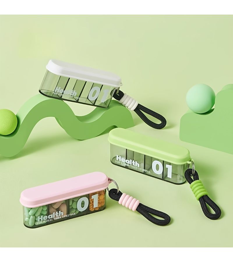 Pink Portable 4 Slot Pill Case with Lanyard for 7 Day Weekly Medications Vitamins Travel - Image 1