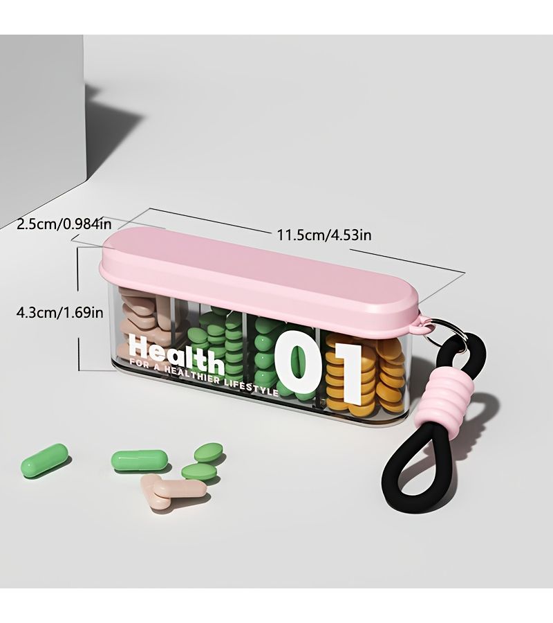Pink Portable 4 Slot Pill Case with Lanyard for 7 Day Weekly Medications Vitamins Travel - Image 3