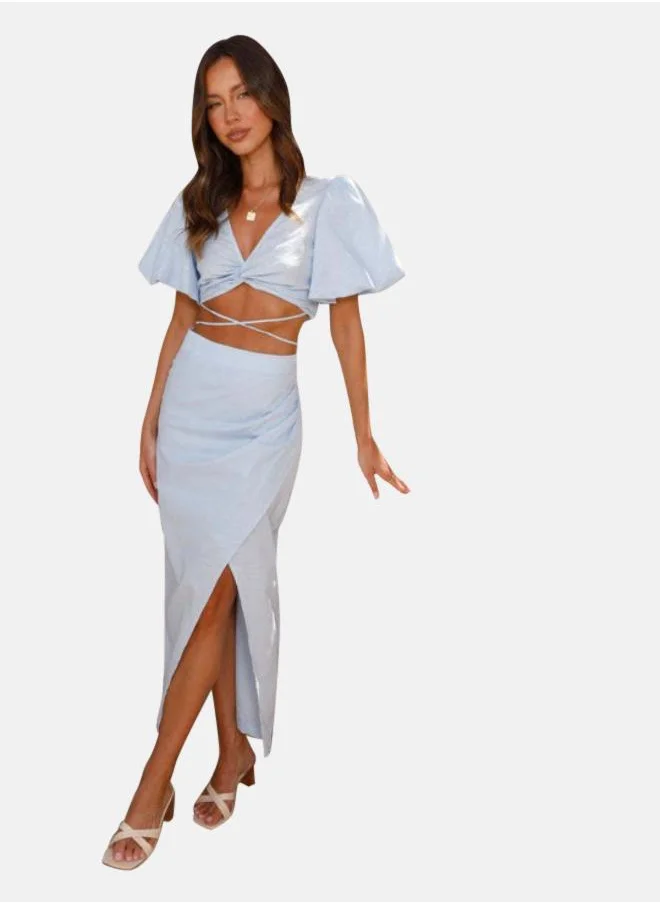 يونيكي Blue Pure Cotton Puff Sleeves Crop Top With Skirt